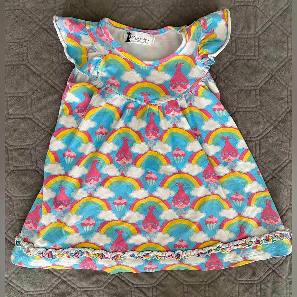🌈Girls Trolls Rainbow Poppy Dress with Ruffle Sleeves 2T Vibrant Colorful